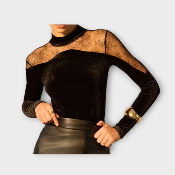 Commense Black Velvet & Lace Mesh Long Sleeve Top – XL (US 12) - Picture 1 of 5